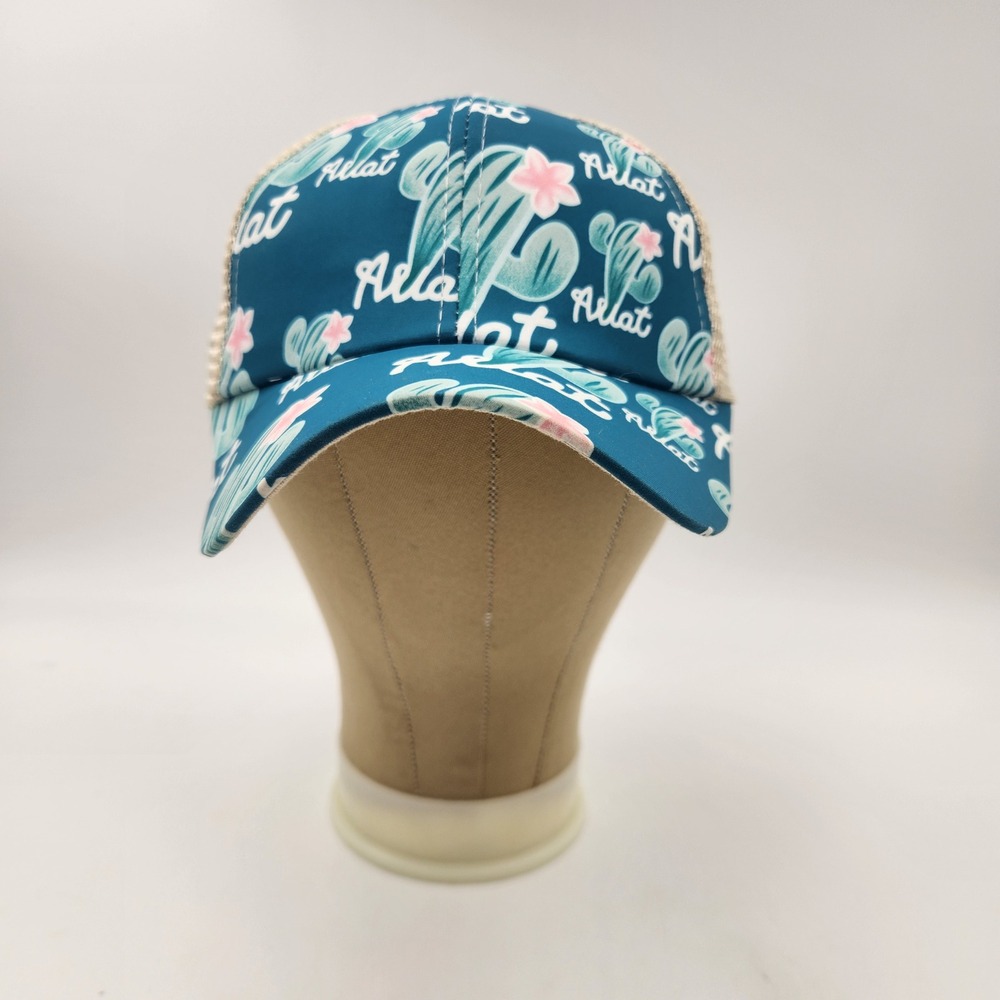 Womens Cactus Print Ponytail Trucker Hat Teal Tan Mesh Baseball Cap EUC